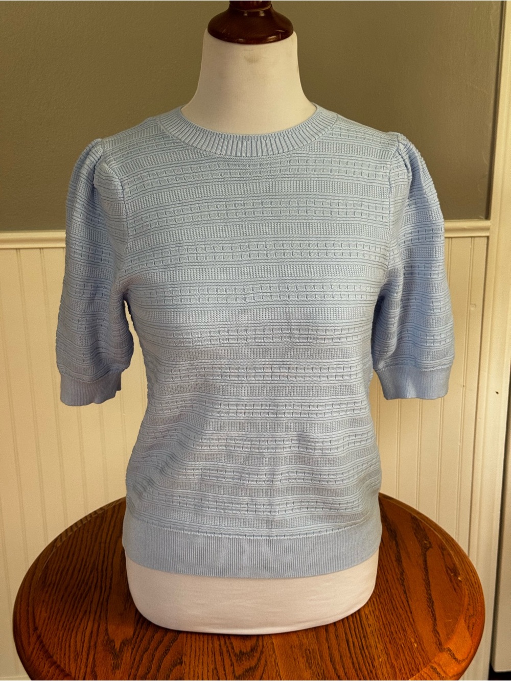 Light Blue Textured Knit Puff Sleeve Sweater